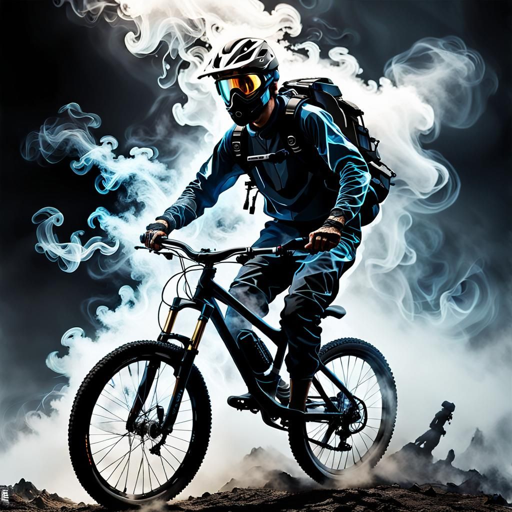Silhouette of a mountain bike rider made of smoke