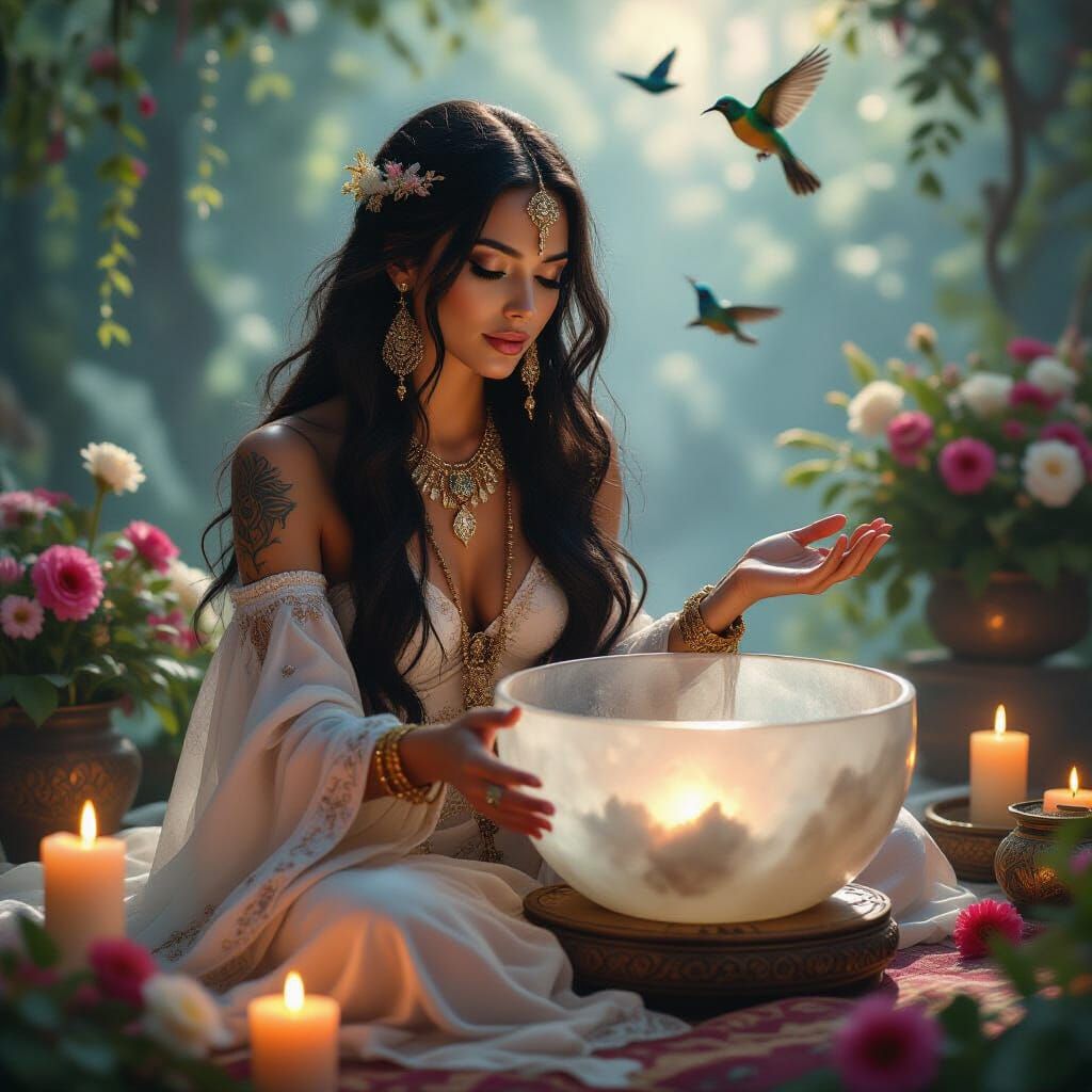 Magical Sourceress High Priestess Playing Singing Bowl