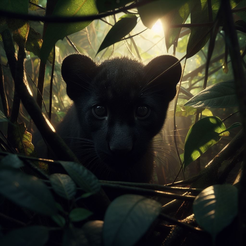 Shadowed black panther cub amongst foliage, India.