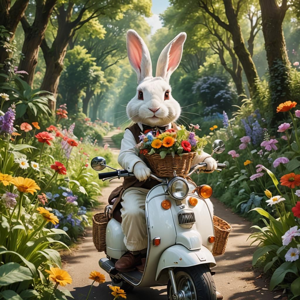 White rabbit riding Scooty with vegetables and flowers with ...