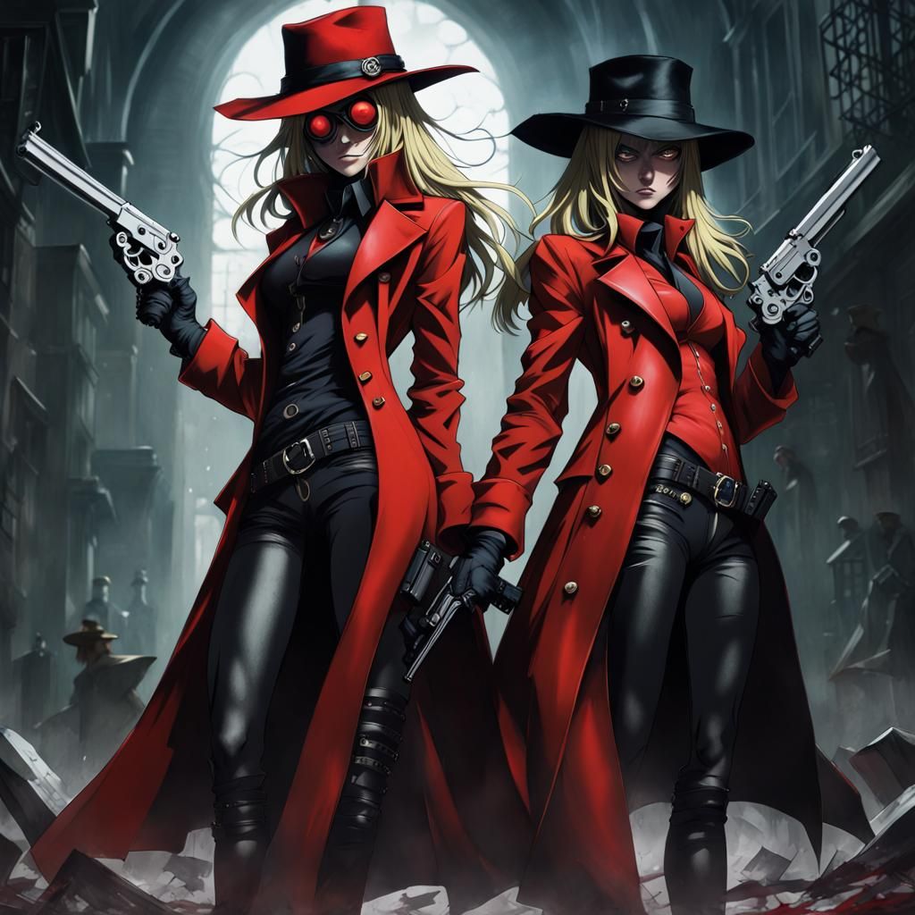 2 female characters, dangerous looking, hellsing character Alucard,  athletic body, curvy hips, uncovered midriff, red longcoat, black wide b...  - AI Generated Artwork - NightCafe Creator