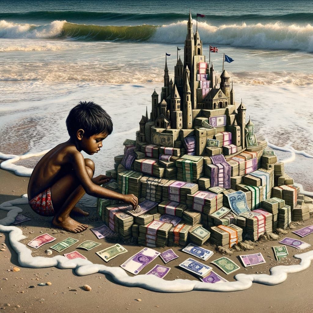 A child building a sandcastle on a beach, but the sandcastle is made of stacks of cash, and the tide is starting to come in. Fleeting wealth...