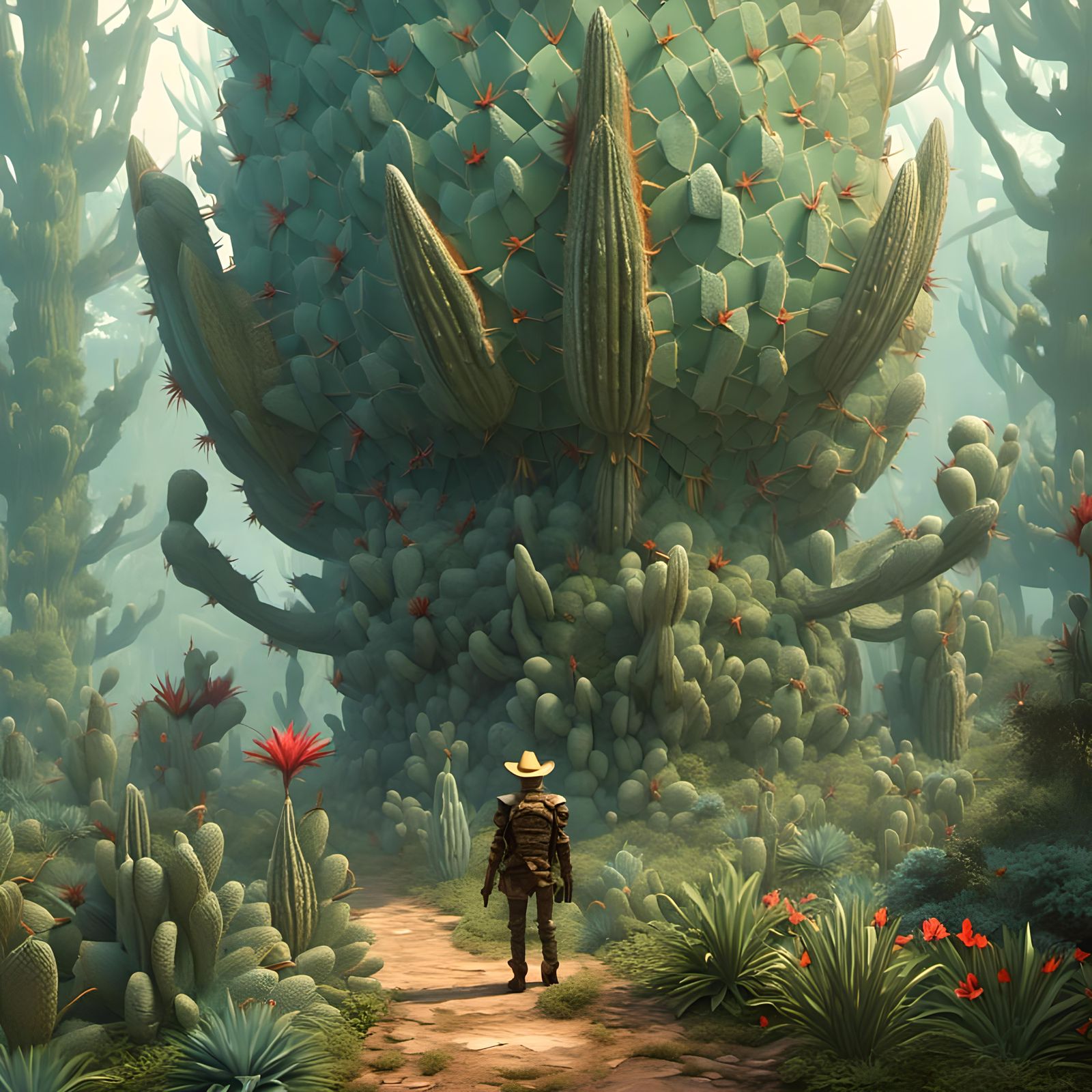 <lora:Color the Enexpected:1.0> Meglos Cactus Savage forest path guarding