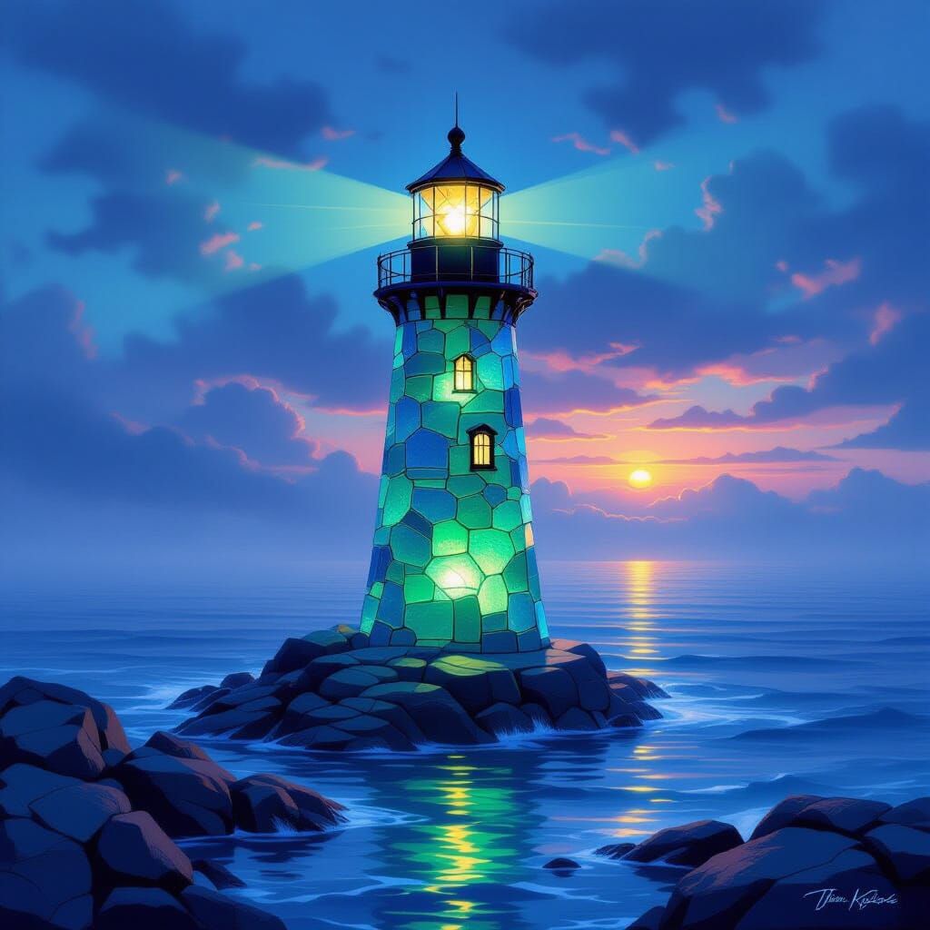 A glowing lighthouse built from emerald and cobalt sea glass  by @Mila K