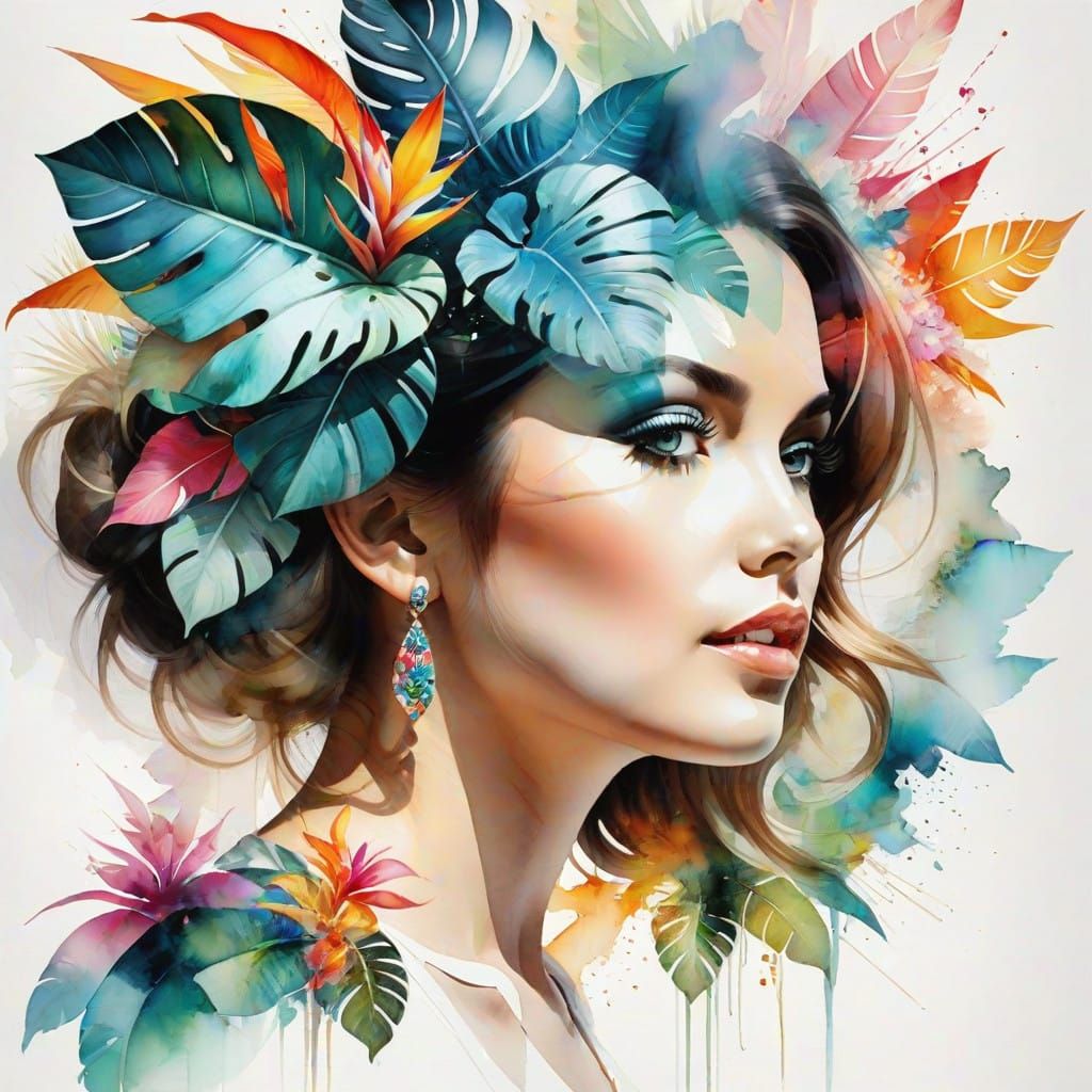 ((Double-Exposure:tropical:1.9)) (Maximalist:1.6) Bismuth Watercolor ((Double-Exposure:pop-surrealism::1.9)) Layered Mol...