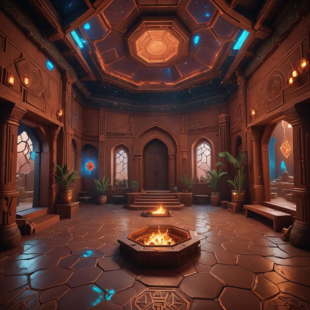 inside a hexagonal bioluminescent red clay Adobe and copper ...