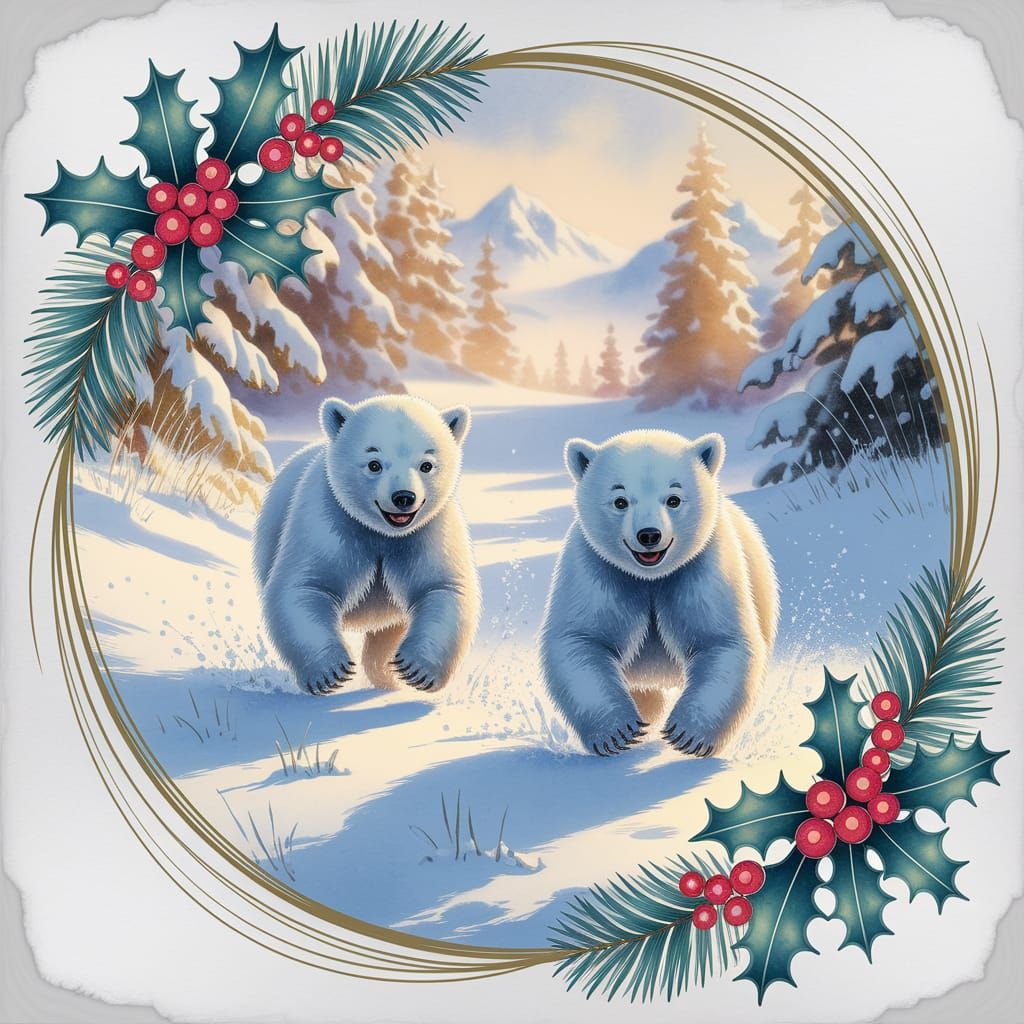 Watercolor wash splash art,highly detailed. A  of cute baby polar bear run and play together on a snowy ...  by @Angel_Nath