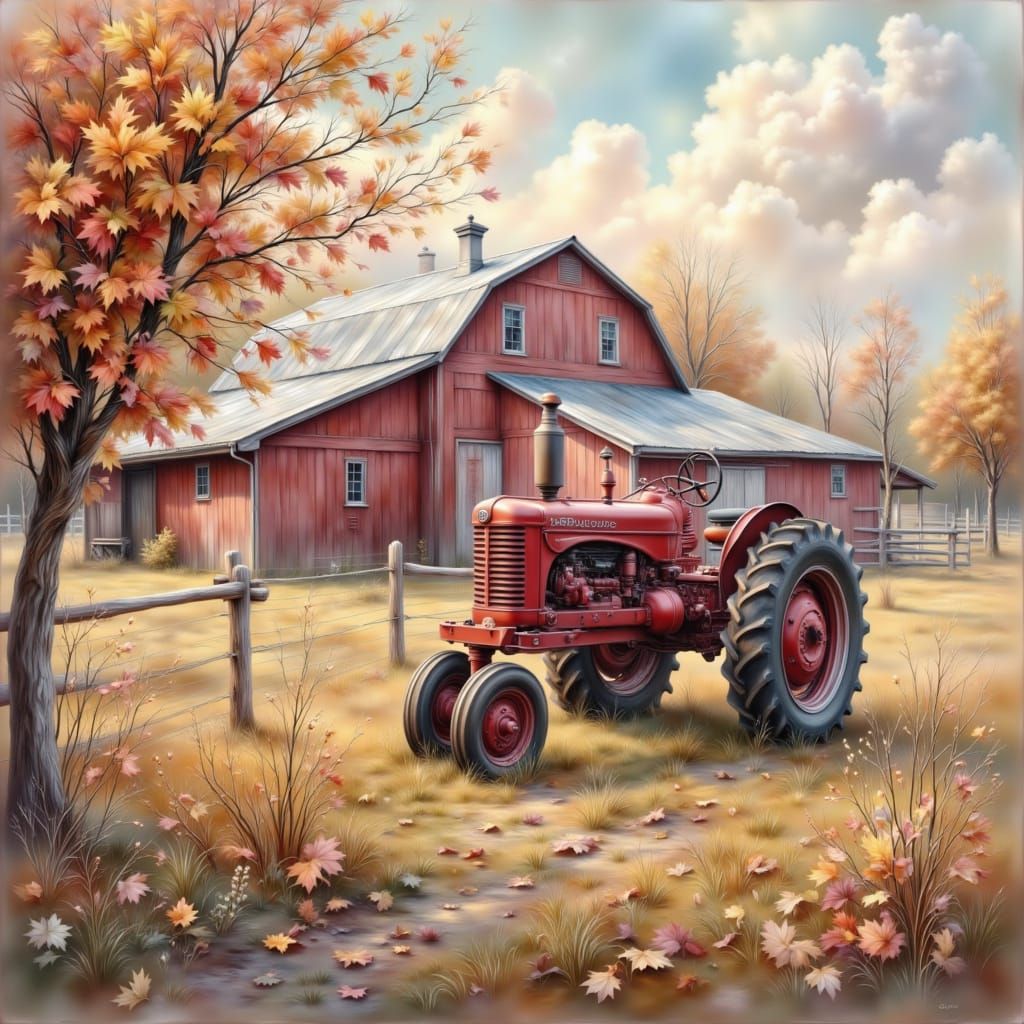 <lora:Unique Ink:1.0> country barn and tractor in fall