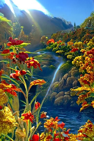 A beautiful painting of a river full of clear cystal deep bl...