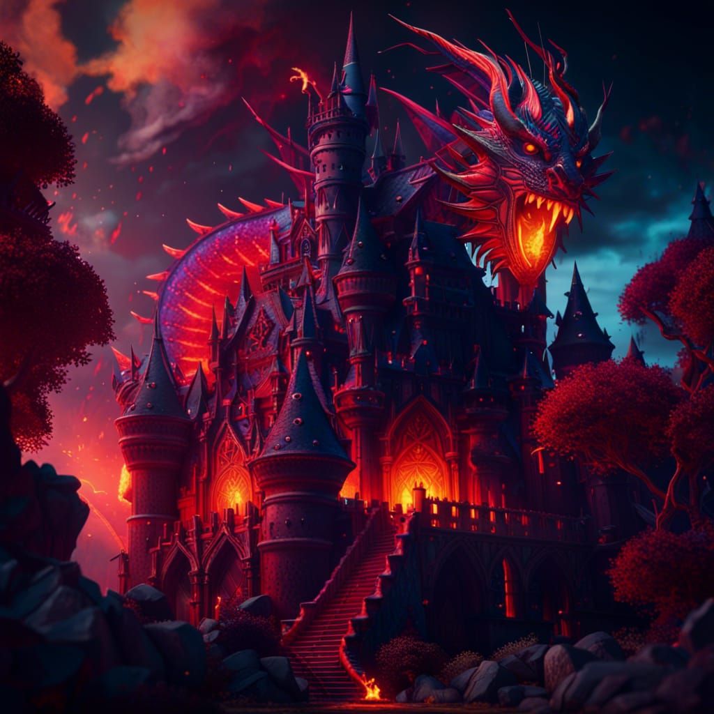 colorful blood castle with a fire dragon. - AI Generated Artwork ...