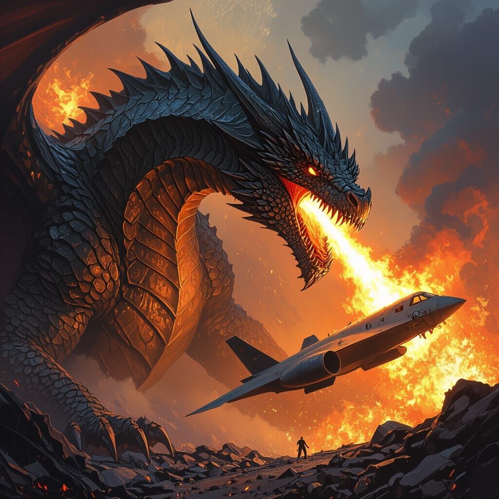 Fantasy - Science Fiction - A giant dragon spitting fire.... An angle of the picture from the dragon's shell on the right side and you will ...