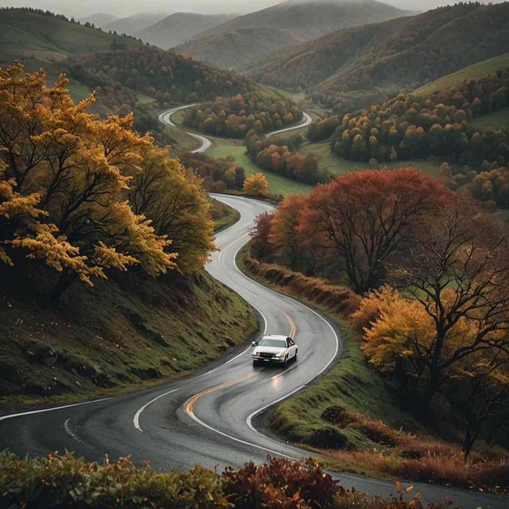 White Car on Autumn Road in Cinematic Style