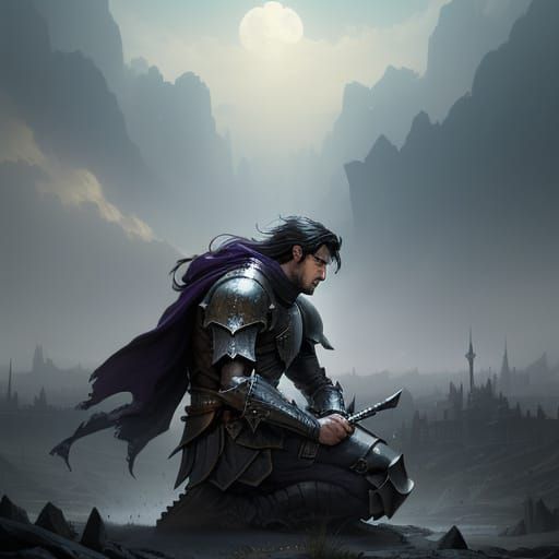 Dark Fantasy Knight Kneels on Battlefield