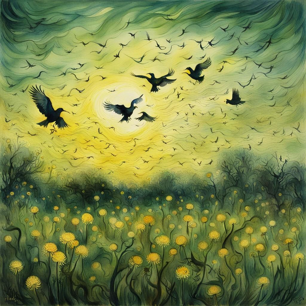 Strange birds in an overgrown dandelion field, backlit, atmo...