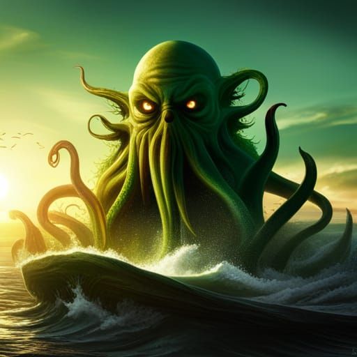 Cthulhurotica,Cthulhu,high contrast, green sunset, 8k, hyper realistic ...