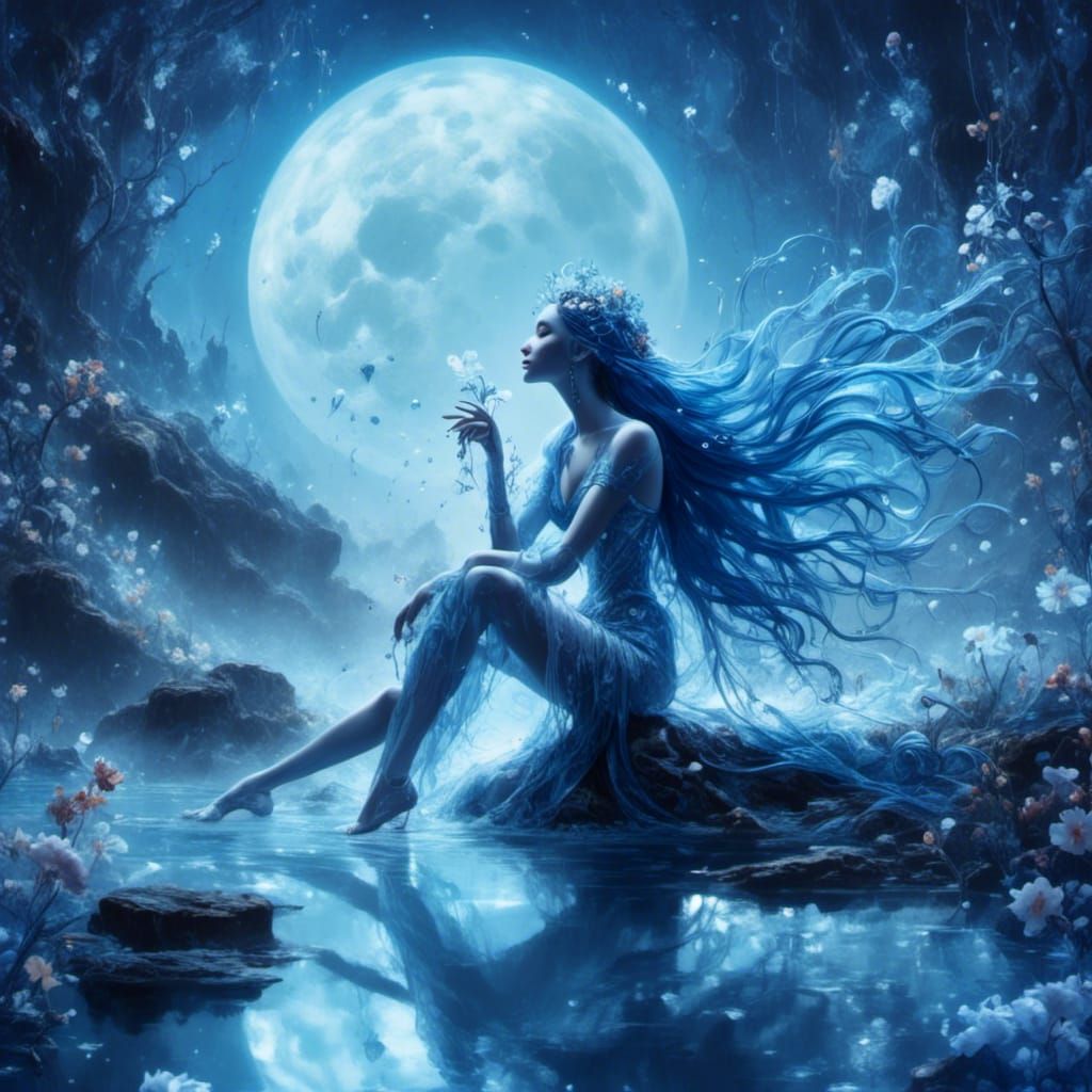 Blue-Skinned Woman in Moonlight, Mystical Shimmering Beauty