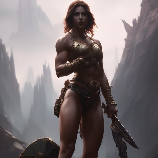 beautiful muscular girl, large bust, loin cloth exposing che...