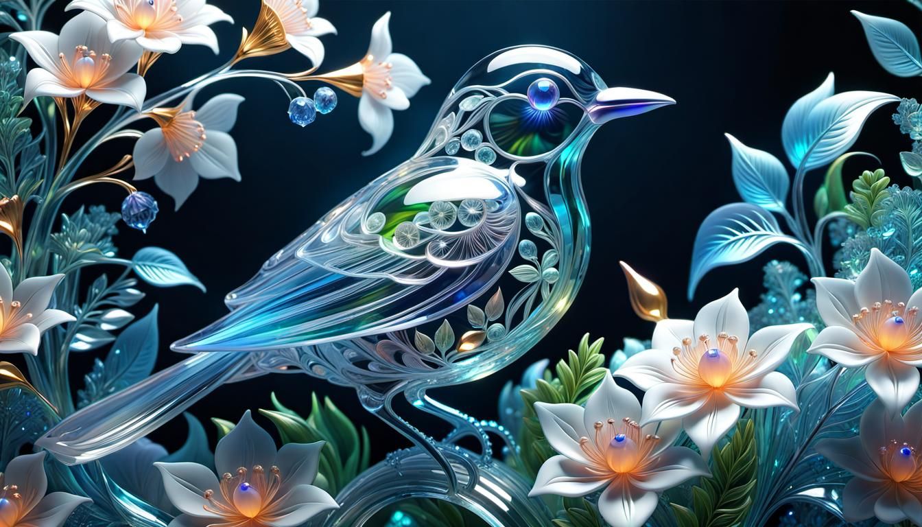 Bioluminescent Crystal Bird Sculpture with Flowering Plants