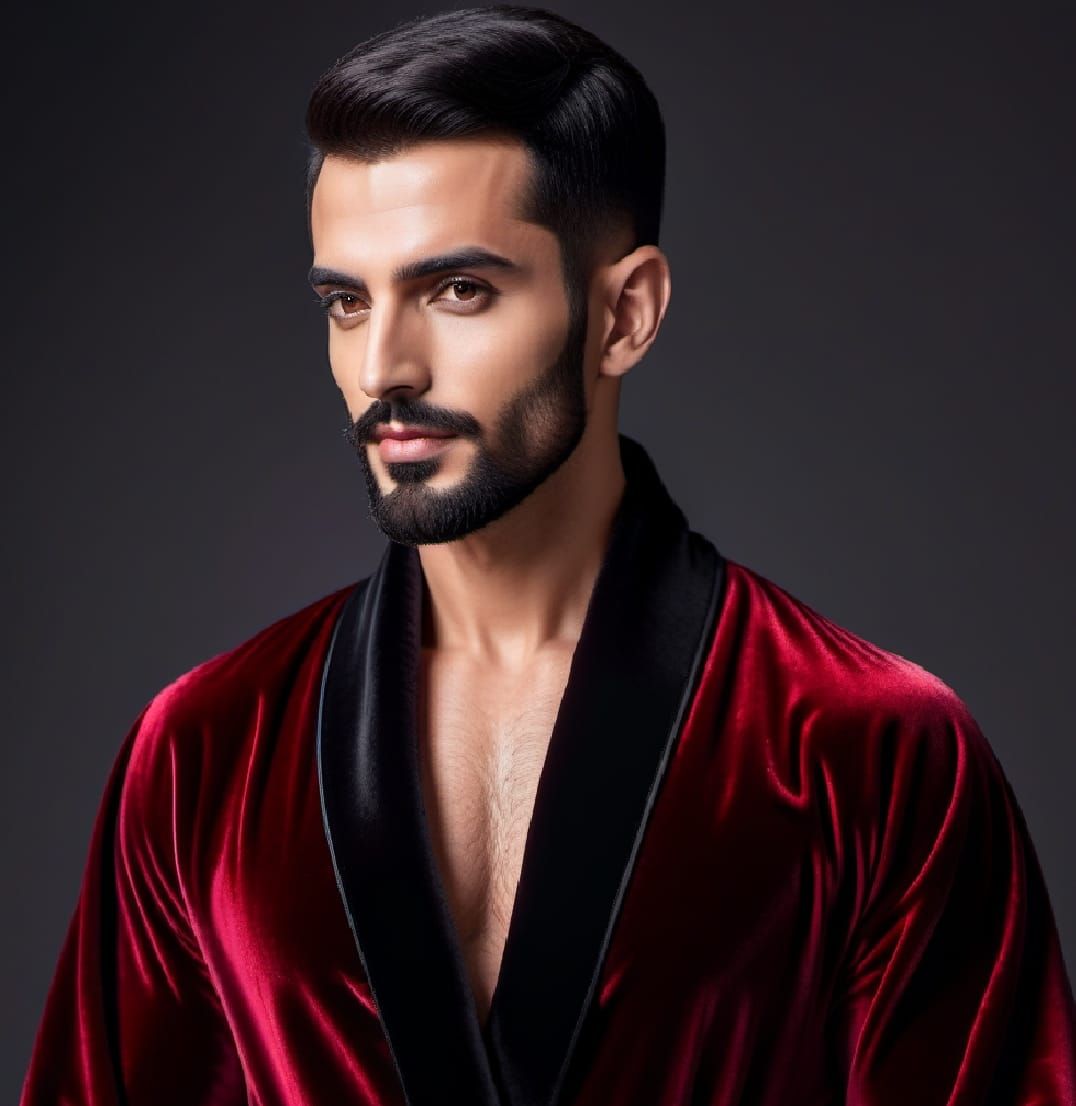 A handsome bearded man wearing a red  velvet bathrobe