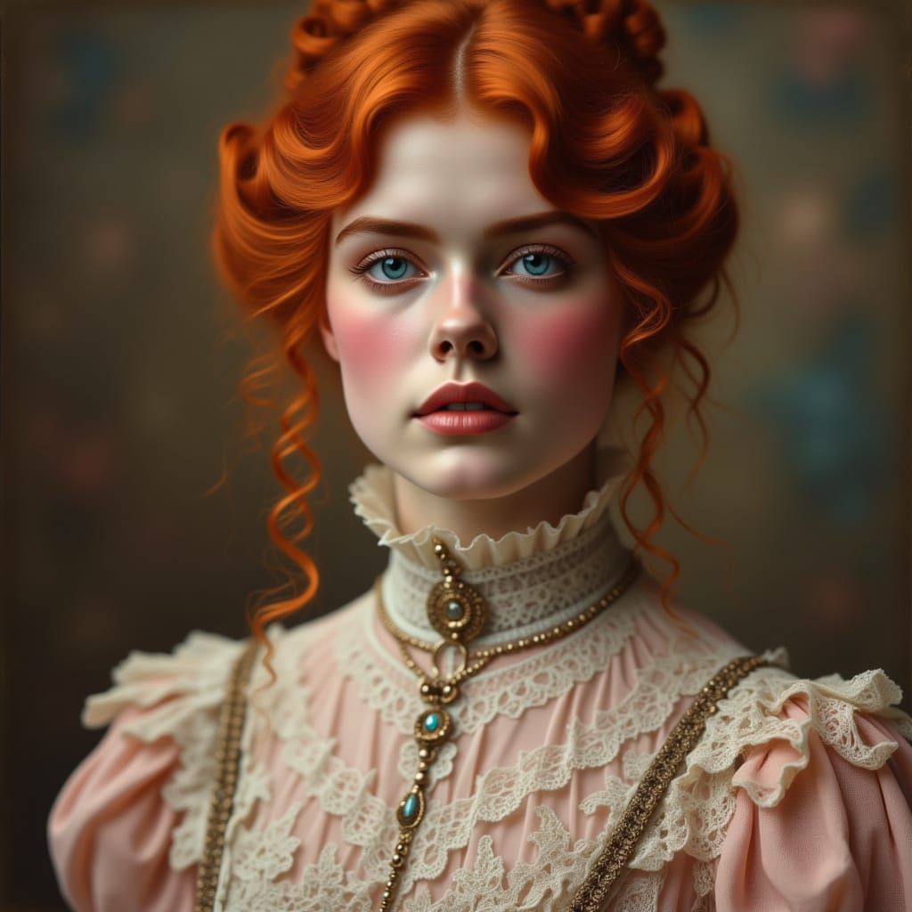 <lora:kak-VictorianMaiden:1.0>A gorgeous portrait of a Victorian Gibson woman with red curly hair and pale skin and freckles, with Edwardian...