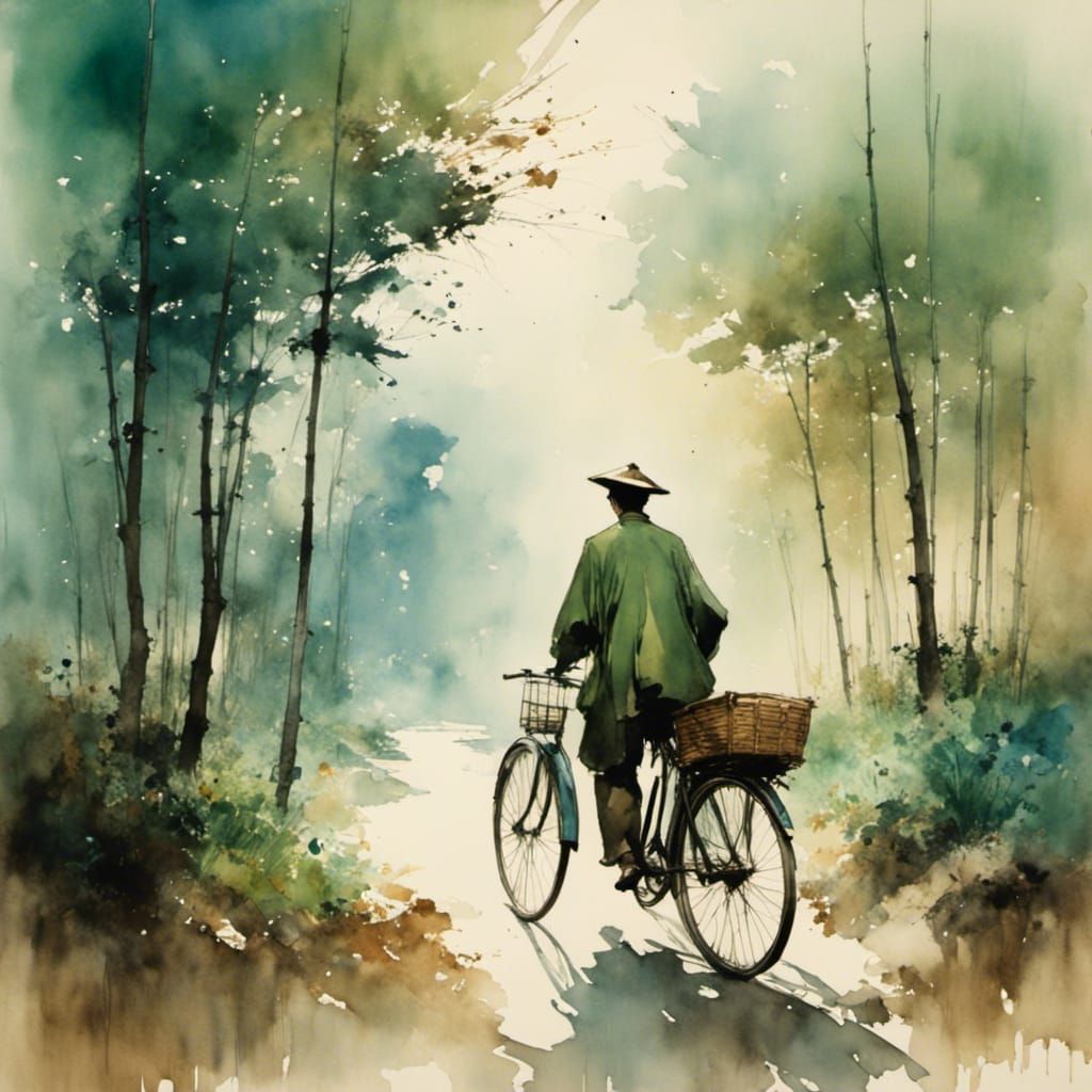 A japanese man travelling by bicycle, green, brown, light blue <lora:Impression:1.0> 