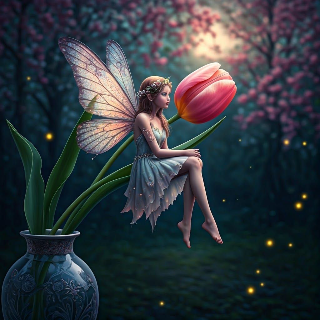 photo of beautiful freckled fairy with intricately detailed wings sitting on a tulip stem overhanging the side of a vase, wiggling toes of b...