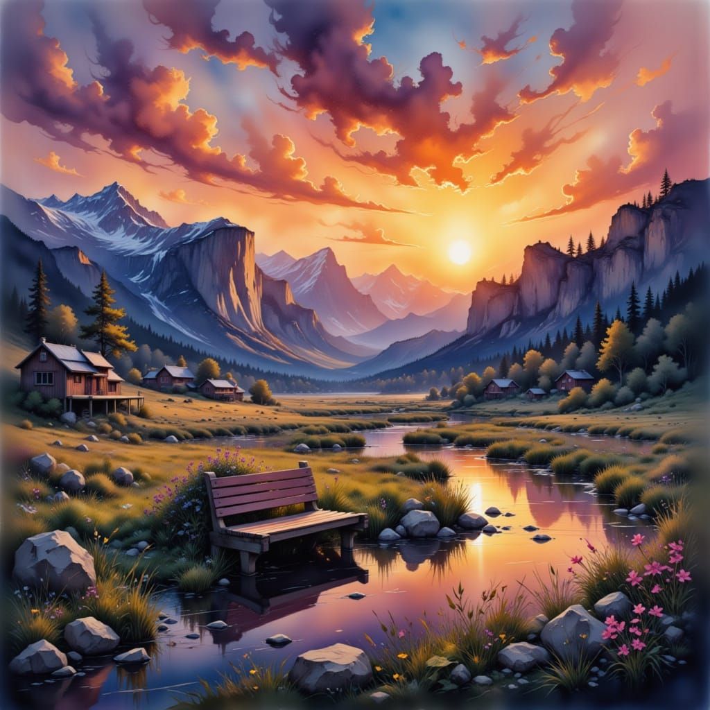 Spectacular Sunset Over Epic Valley in Watercolor Style