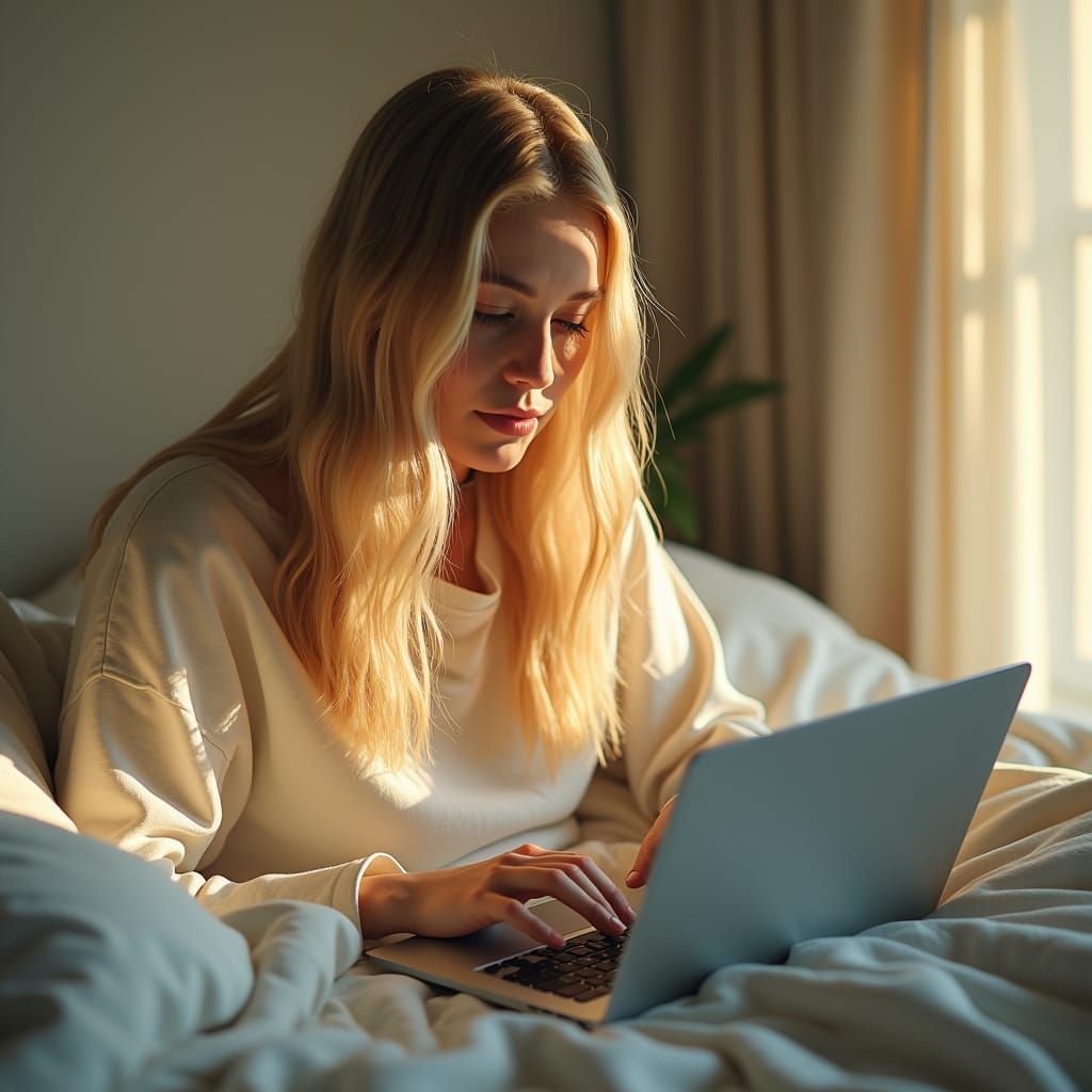 focuspoint is the screen, infront of a young woman (making ai-art, sitting up in bed focus on laptop-screen with a picture of her collection...
