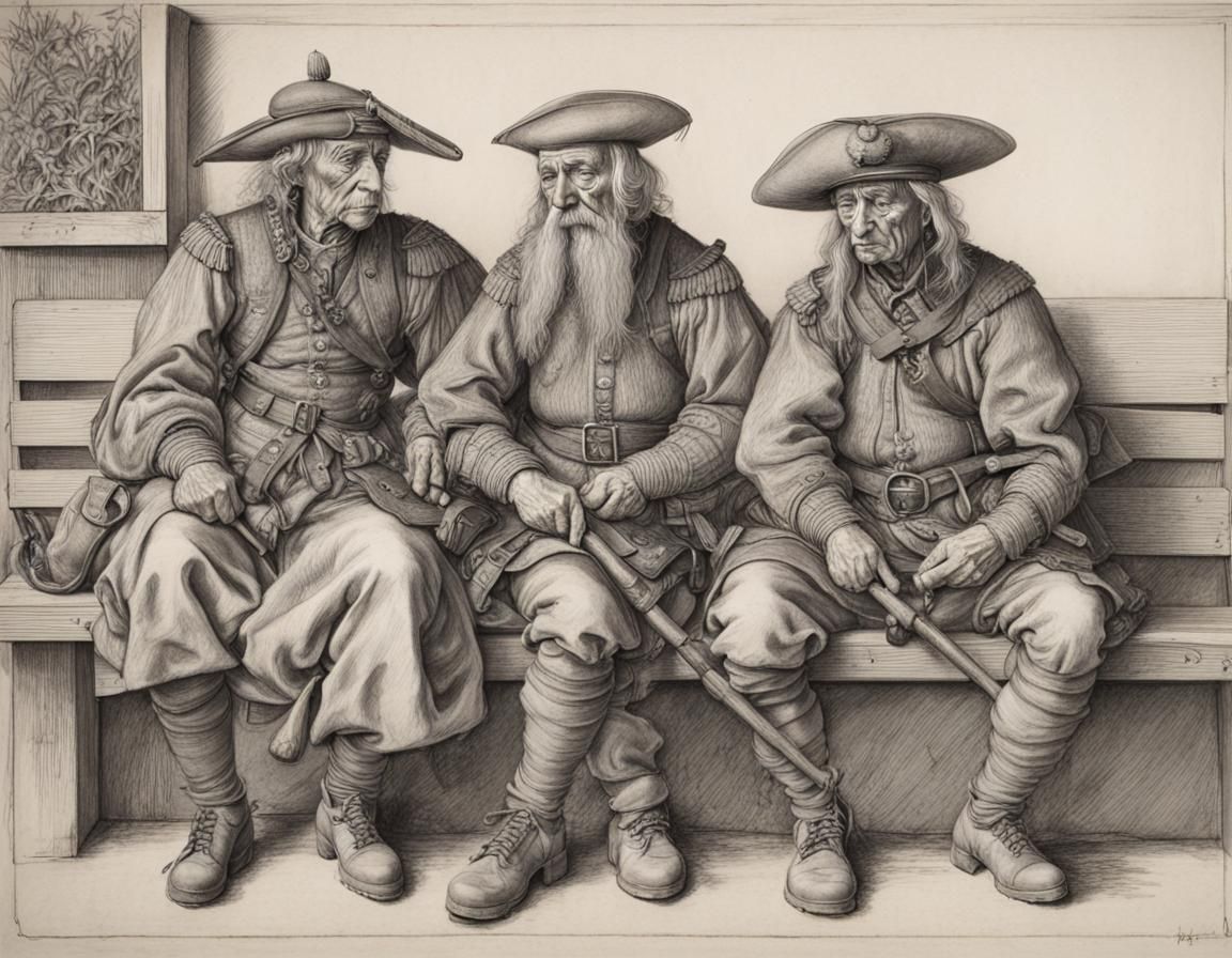 three old soldiers sitting on a bench,