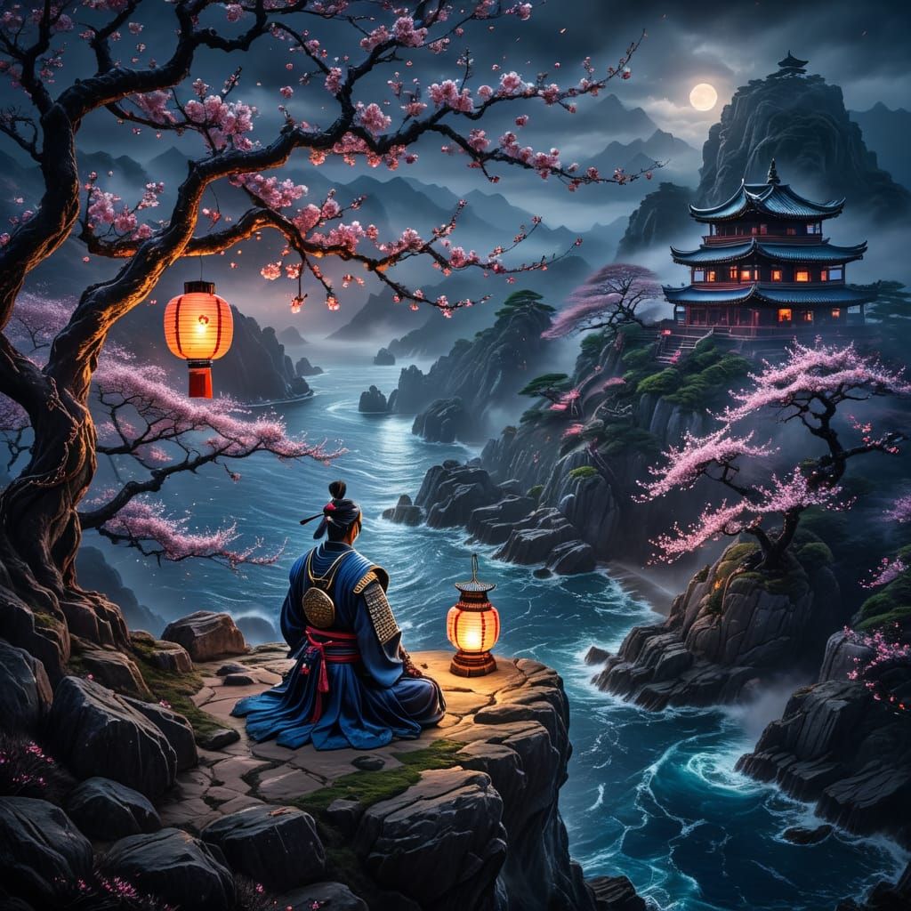 Samurai's Cliffside Meditation 🌸🌊 Serene Reflection