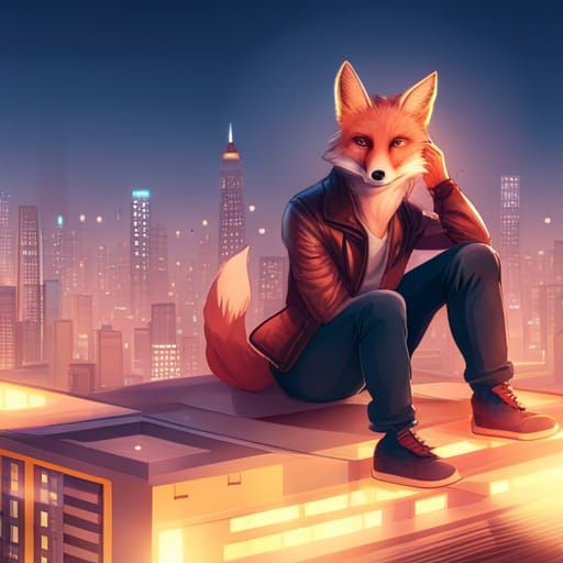 Fox Overlooking City at Night, Digital Illustration