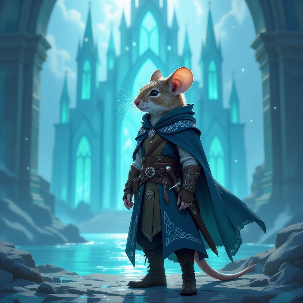 Finn and the Cathedral of Sea Glass
In front of a towering seaside cathedral made entirely from shimmering sea glass, Finn — an anthropomorp...