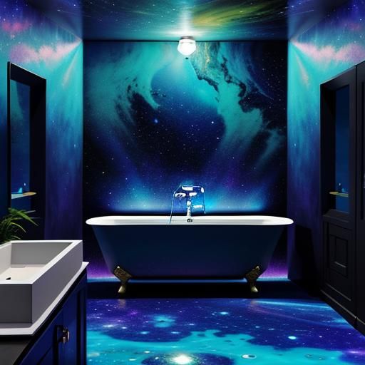 A bathroom with a cosmic theme. There is a sunken bathtub an...