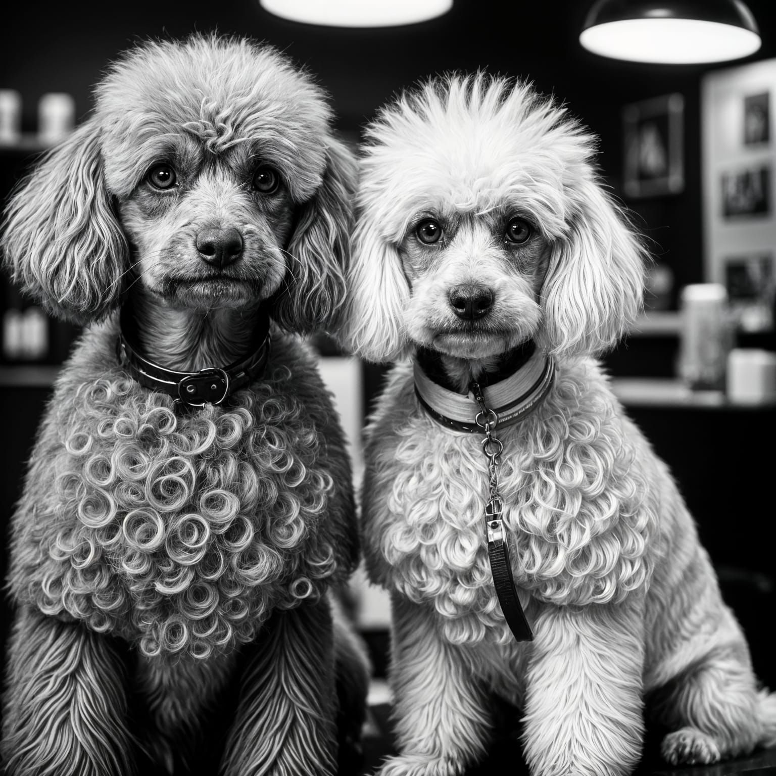 Two showpoodle one black and one white in a Groomer Shop Clo...