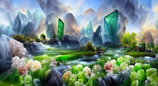 Beautiful Fantasy Landscape Verdant with Giant Crystal Digit...