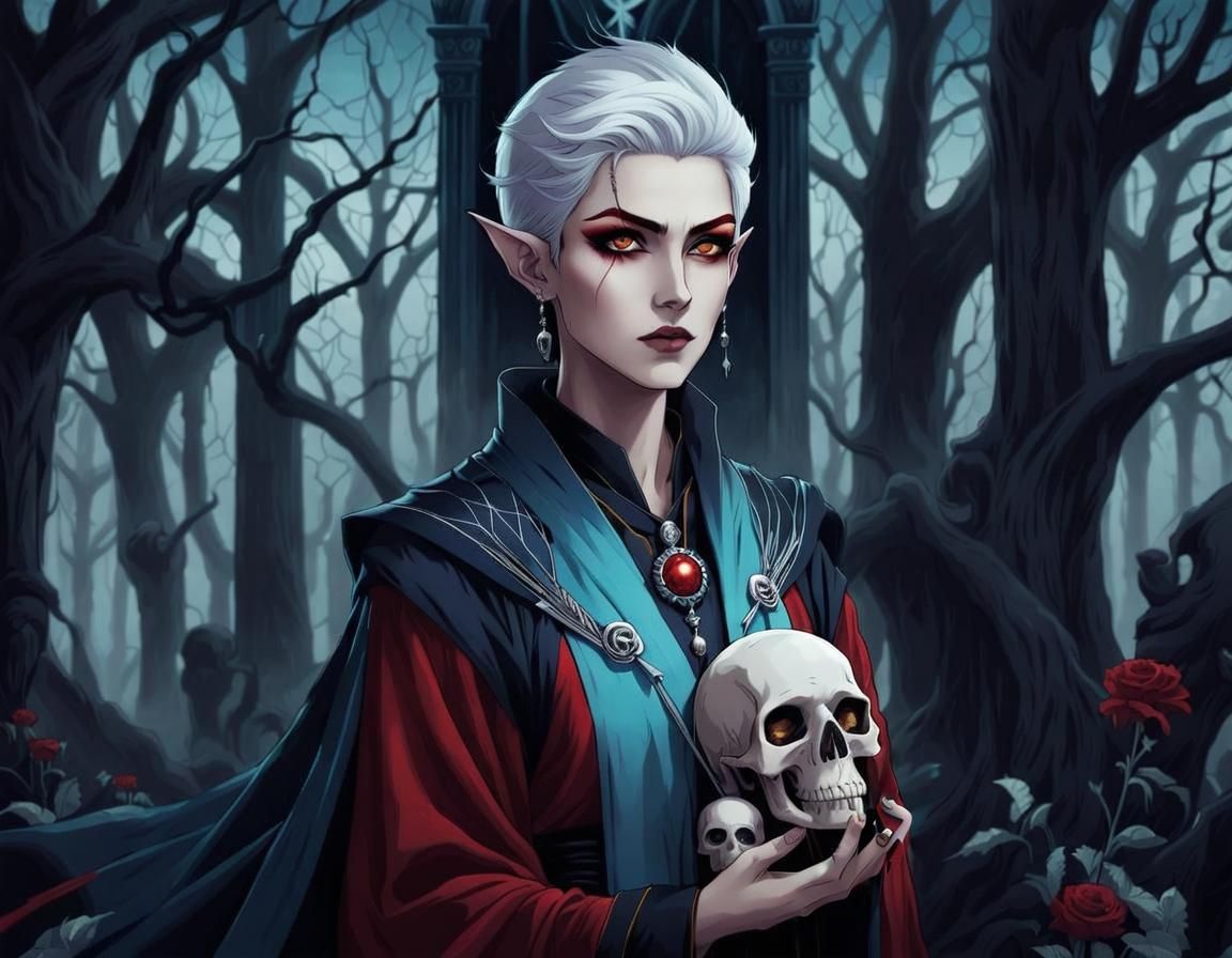 <lora:SuperHyperrealism:1.0> androgynous half-elf necromancer 