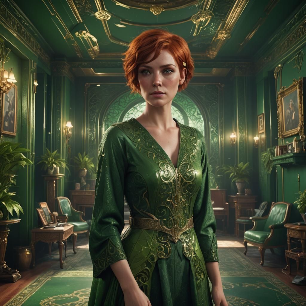 a young woman with short red hair and green eyes in a green ...