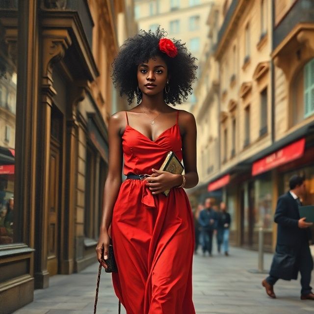 A BLACK FEMALE LADY IN RED WALKING IN A VINTAGE PARIS.