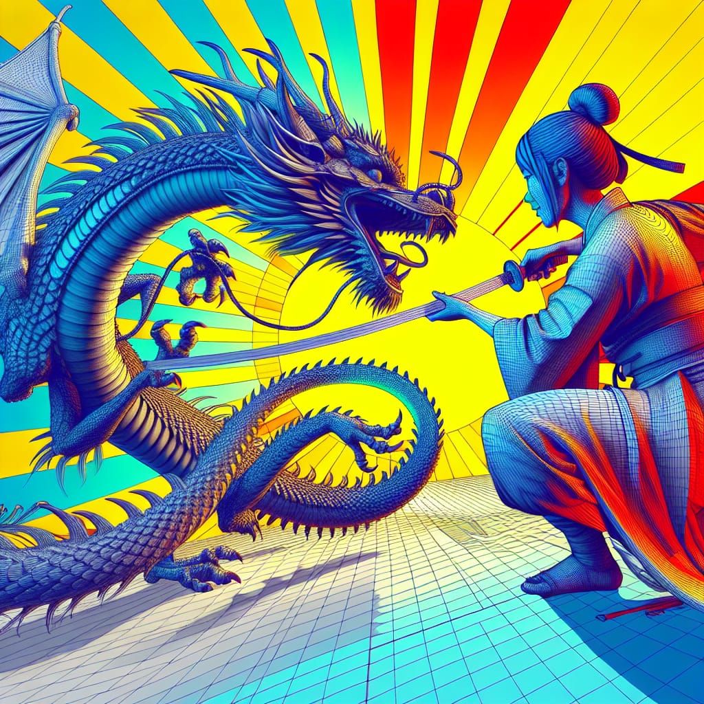 female Samurai with friendly dragon,  concept art, 3d digita...