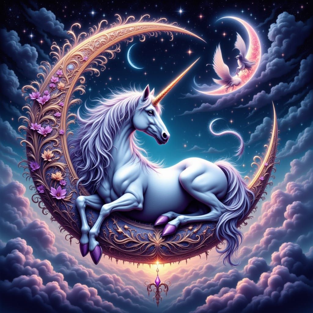 <lora:Golden Twilight:1.0> <lora:discolored filigree:1.0> <lora:Magical Creatures:1.0> <lora:FiosFiligreeMoons:1.0> unicorn lounging on the ...