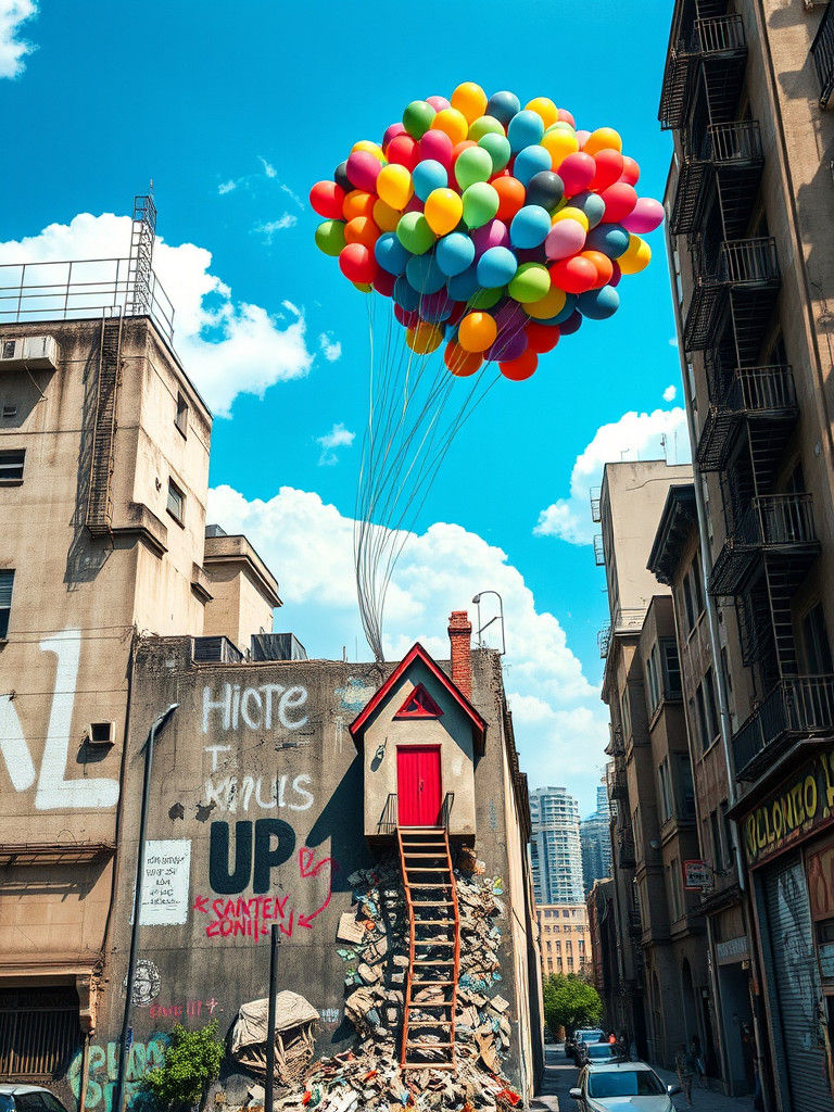 Banksy-Style Graffiti Mural of Floating Balloon House