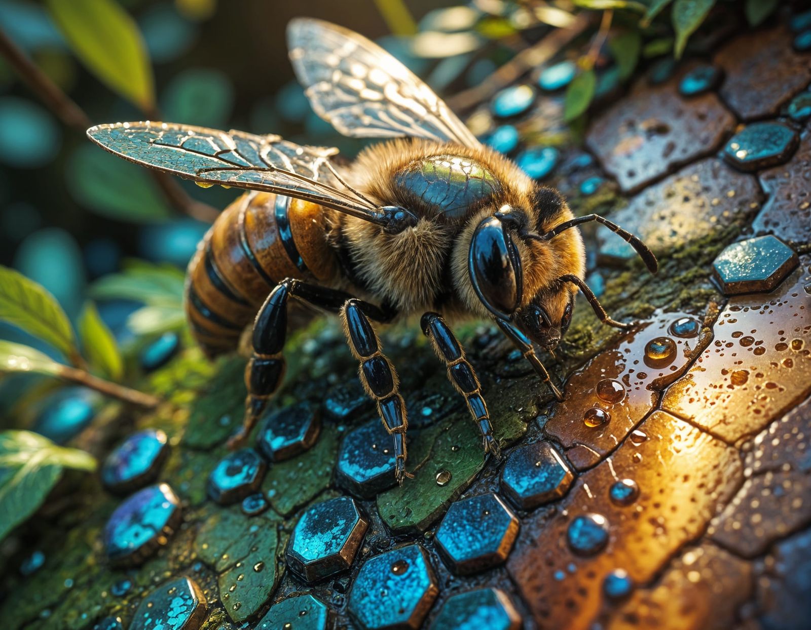 Photorealistic cinematic mosaic. Medium shot. Enormous bee flying out of a hive in a tree. Mosaic tiles ...  by @manozavr