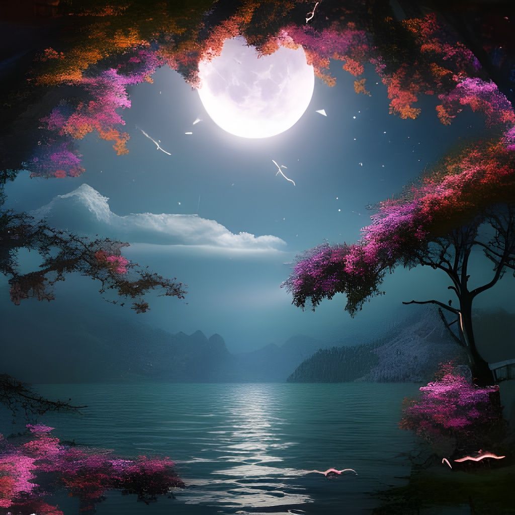 mountain fireflies flowers lake dark night bright stars full...