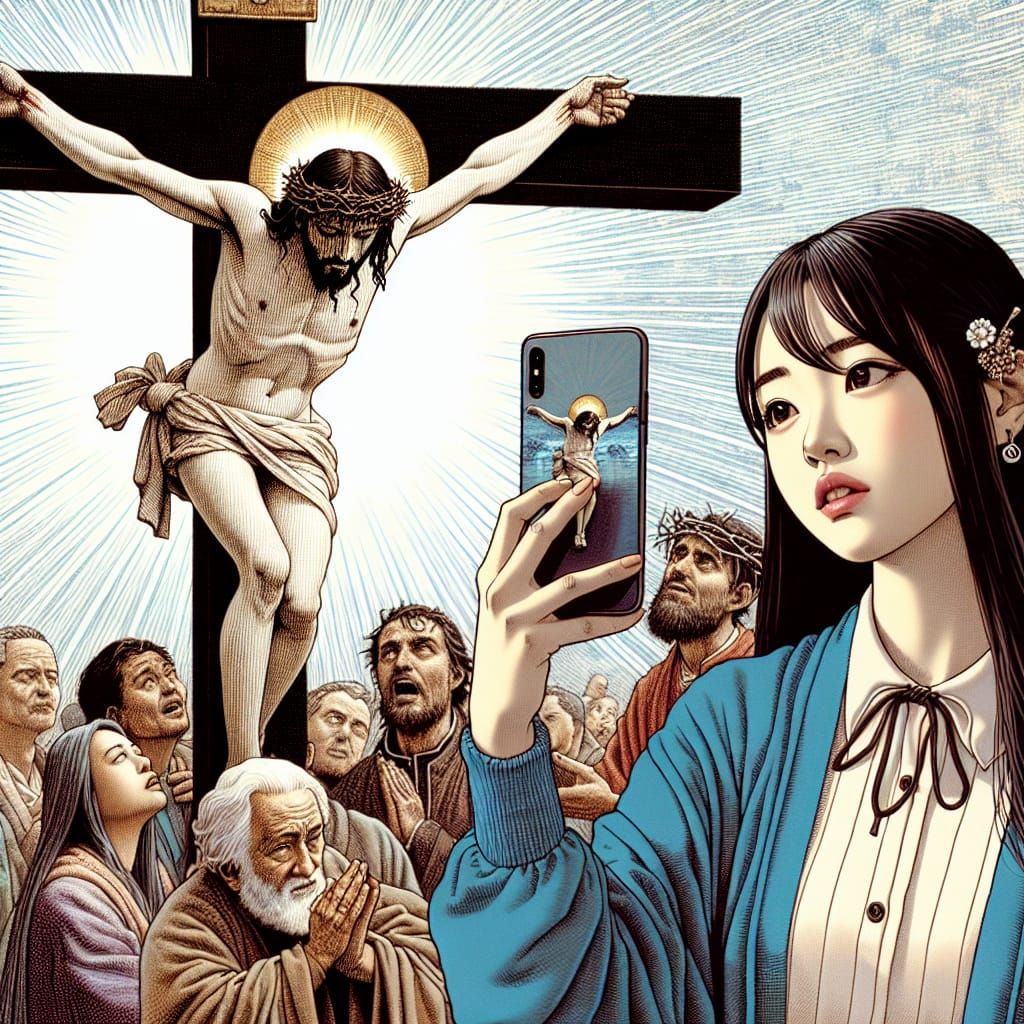 an influencer taking a selfie and having Jesus Christ in the cross dying as the background and the Holy Mary to talking ...