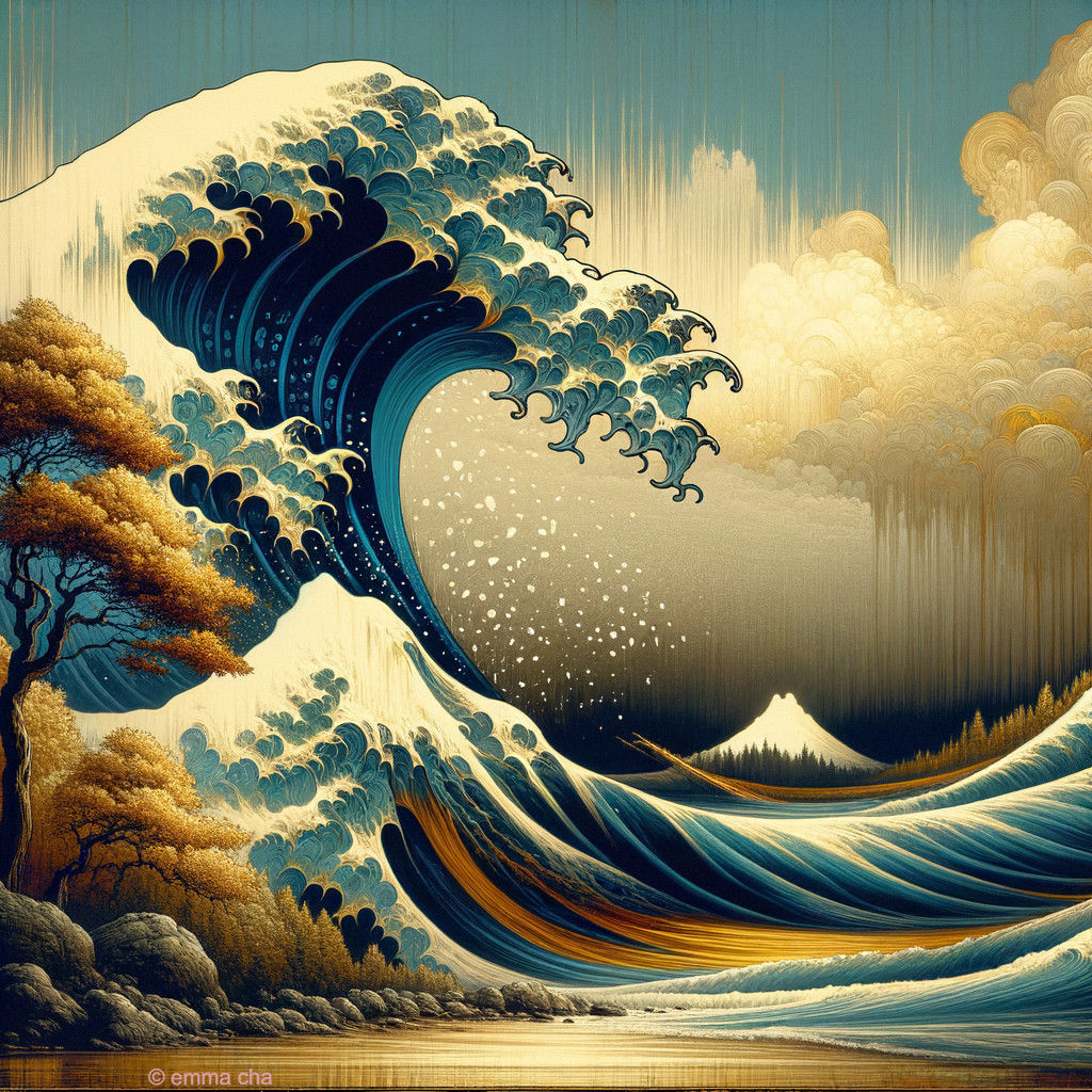 The famous Japanese wave, ready to submerge Mount Fuji under a golden sky