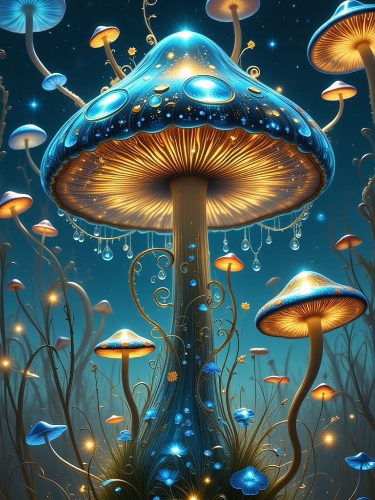 <lora:MILLENNIUM MUSHROOM:1.0>
VIVID fine art mytical realm of blue-sky view of a huge fantastical glowing transparent glass mushroom, whims...
