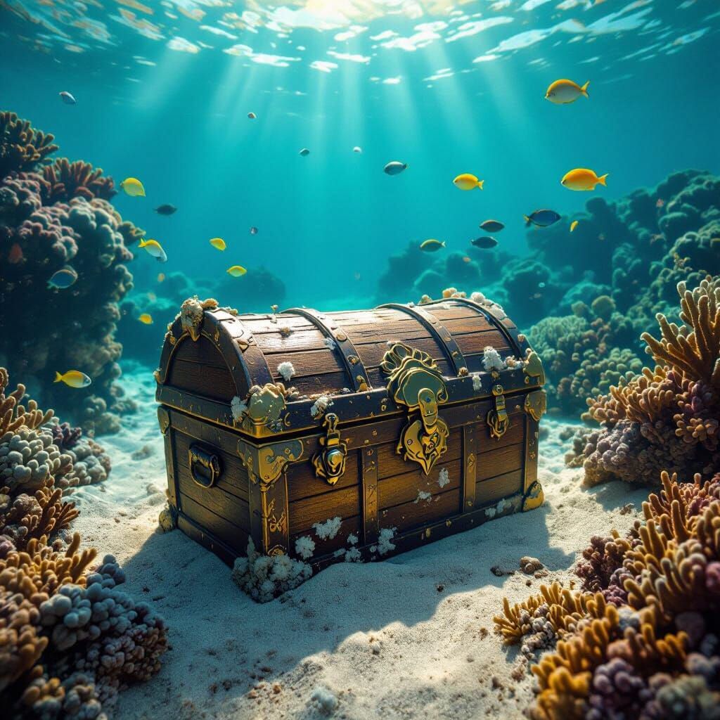 A weathered, barnacle-encrusted treasure chest rests on a sandy seabed, surrounded by vibrant coral reefs ...  by @Rick Roland Jr