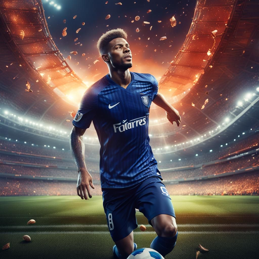A soccer player playing in a giant stadium with him shooting...