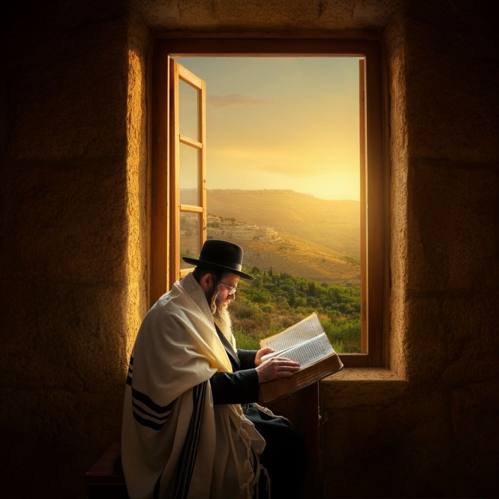 Hasidic Man Studies by Sunrise Window