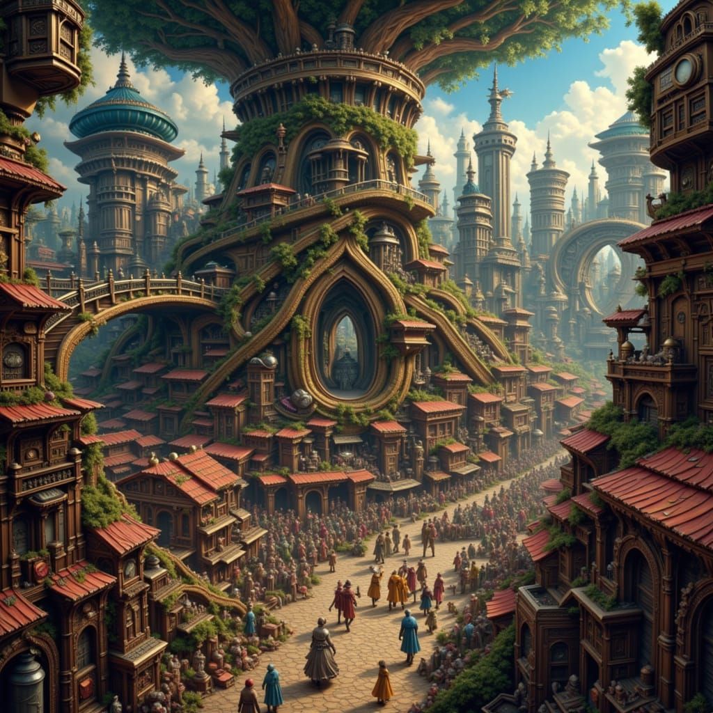 Lively Tree City Marketplace in Fantasy Illustration Style